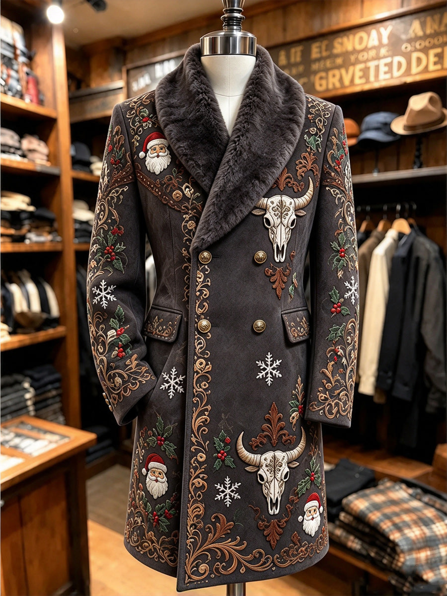 Men's Christmas Art Print Fur Shawl Collar Double Breasted Long Overcoat